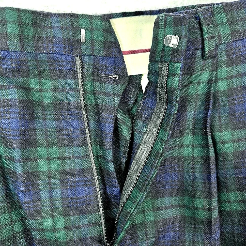 Vtg Jos A Bank Mens 32x28 Green Blue Plaid 100% Wool Dress Pleat Pants USA Made